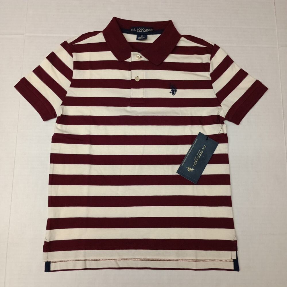U.S. Polo Assn. Boys Striped Jersey Polo‎ Shirt M (8) Maroon Fall 100% Cotton